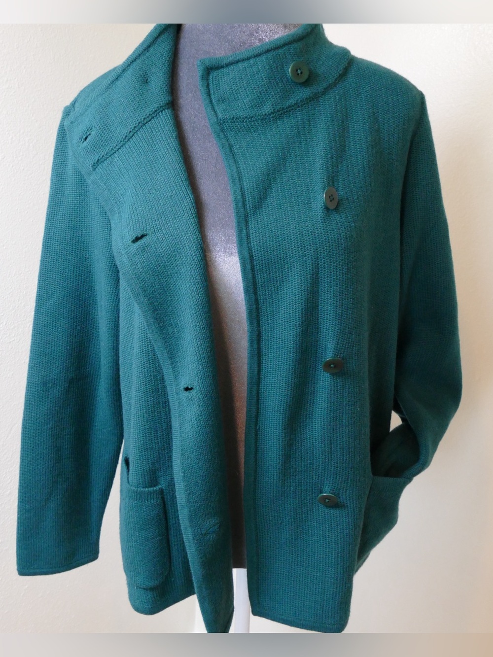 NWT Talbots Sweater Jacket Size L Lambswool Blend Double Breasted Teal Pockets